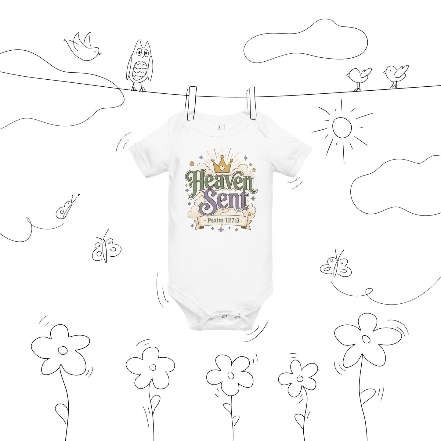 Christian baby onesie design reading Heaven Sent with Psalm 127:3, featuring a crown, clouds, stars, and soft green, lavender, cream, and gold colors.