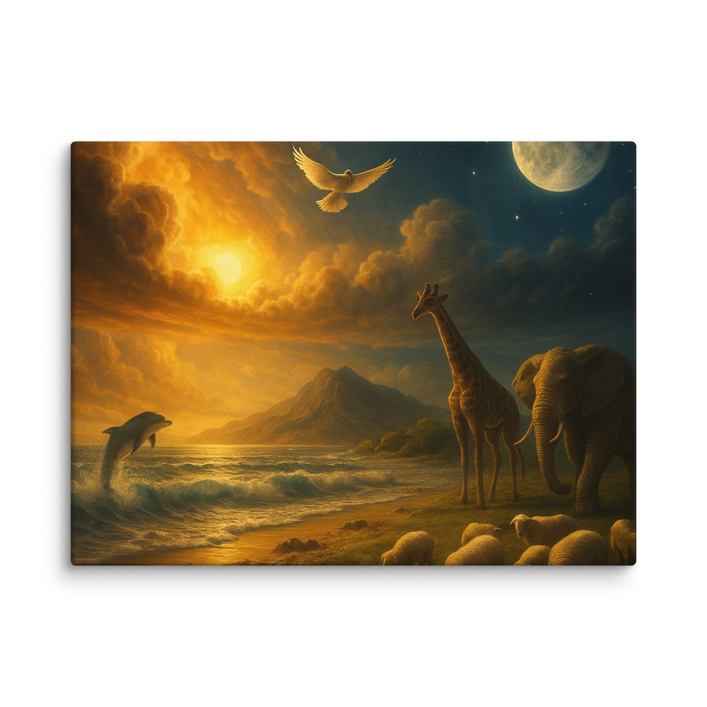 Genesis creation poster with sun, moon, ocean, giraffe, elephant, and sheep — Christian wall art
