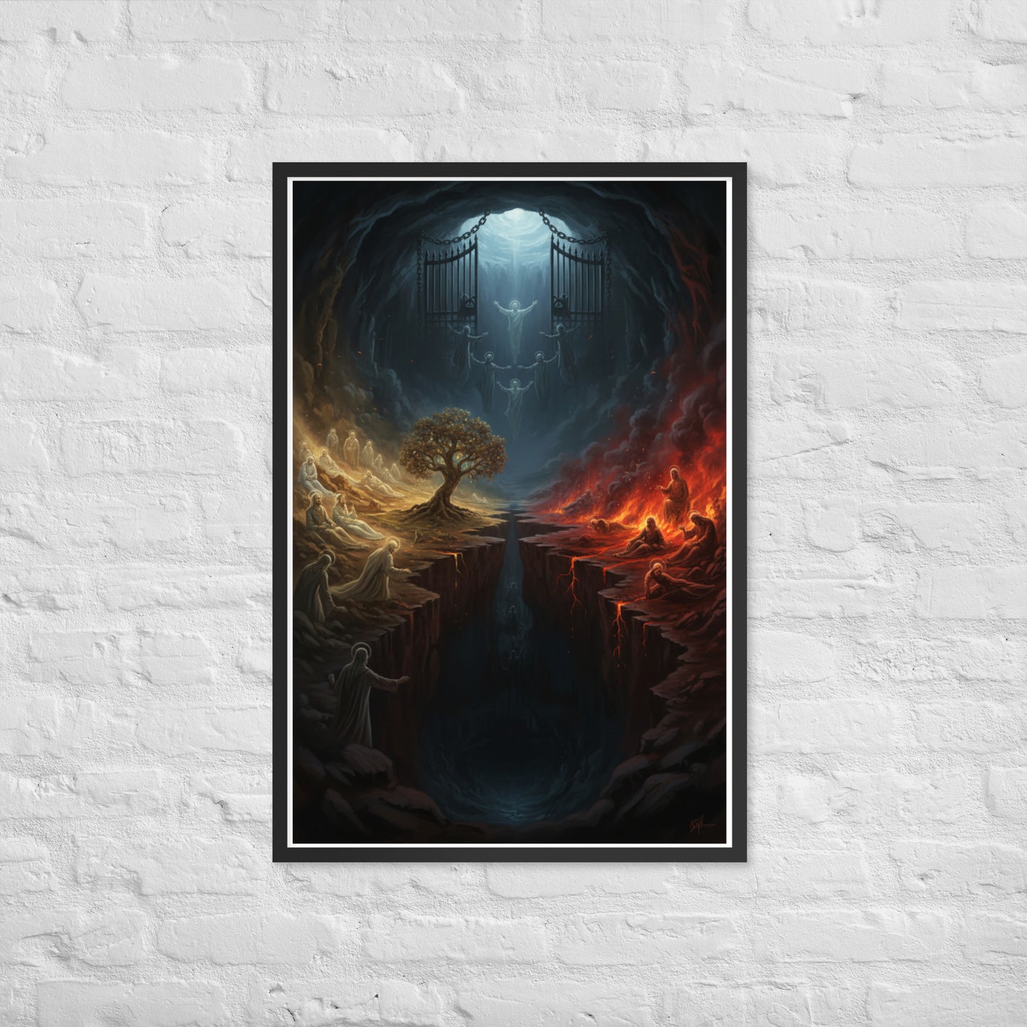 Sheol the biblical realm of the dead prophetic Christian wall art — Abraham's Bosom on the left with the righteous at rest, the pit of fire and torment on the right, a great gulf and the gates of Sheol dividing them