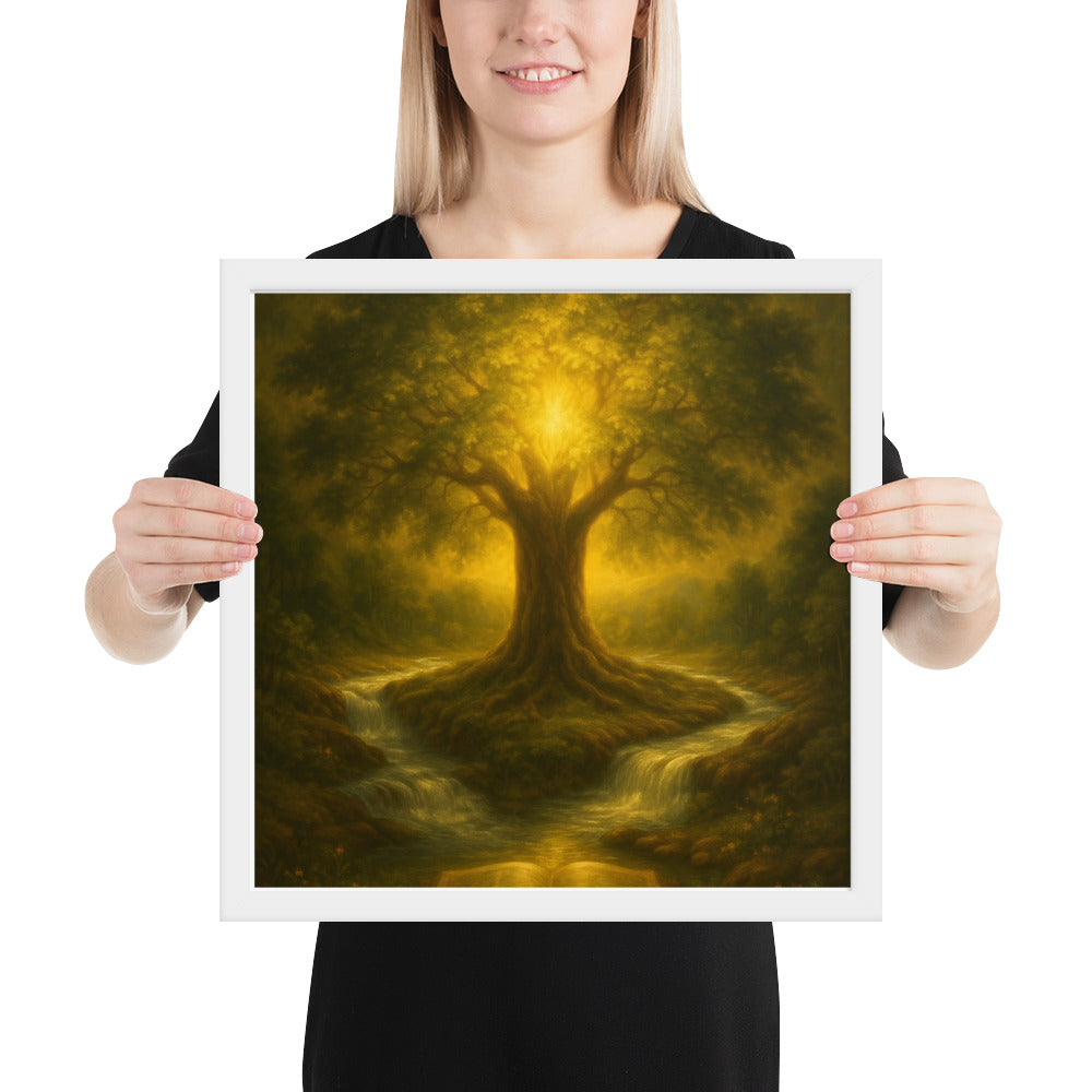 Tree of Life Christian poster with scripture design in gold and green.