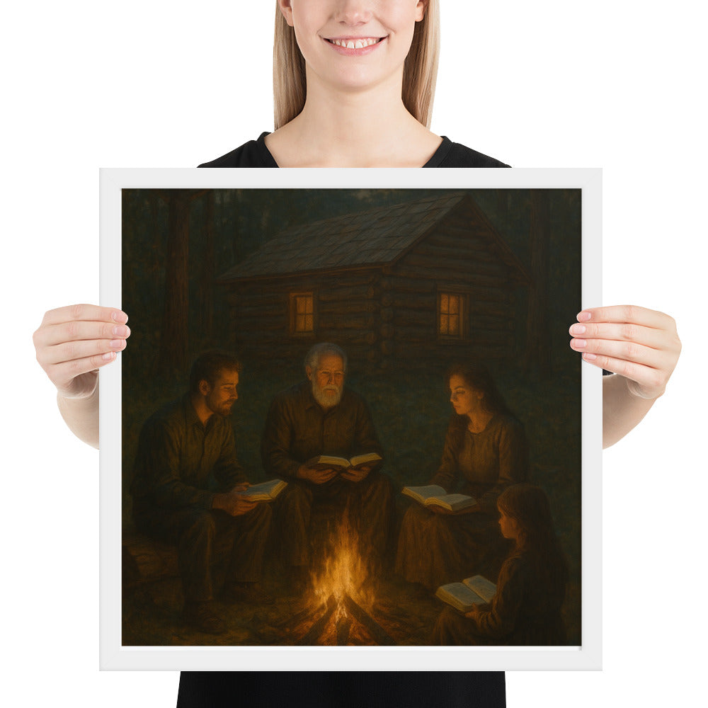 Christian wall art of family Bible study by campfire – faith-based framed poster symbolizing fellowship, prayer, and devotion.