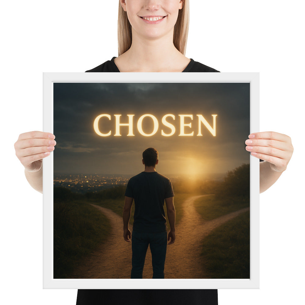 Christian wall art poster with prophetic “Chosen” design — framed faith-based décor about identity and purpose in Christ.