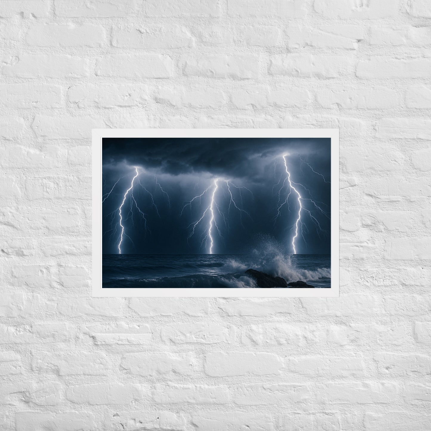 Framed lightning over the beach poster – nighttime ocean storm wall art