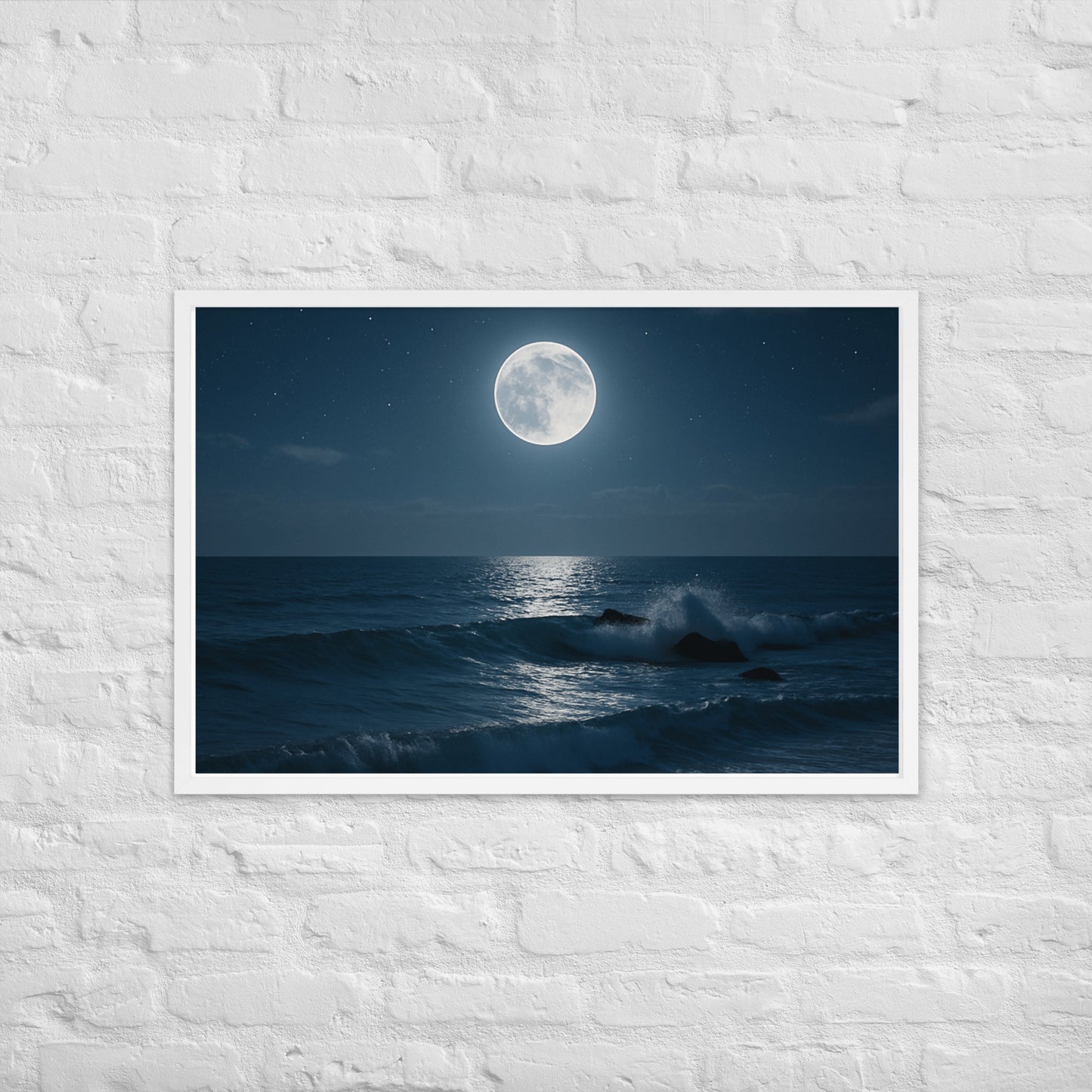 Framed moonlit beach poster – night ocean Christian wall art