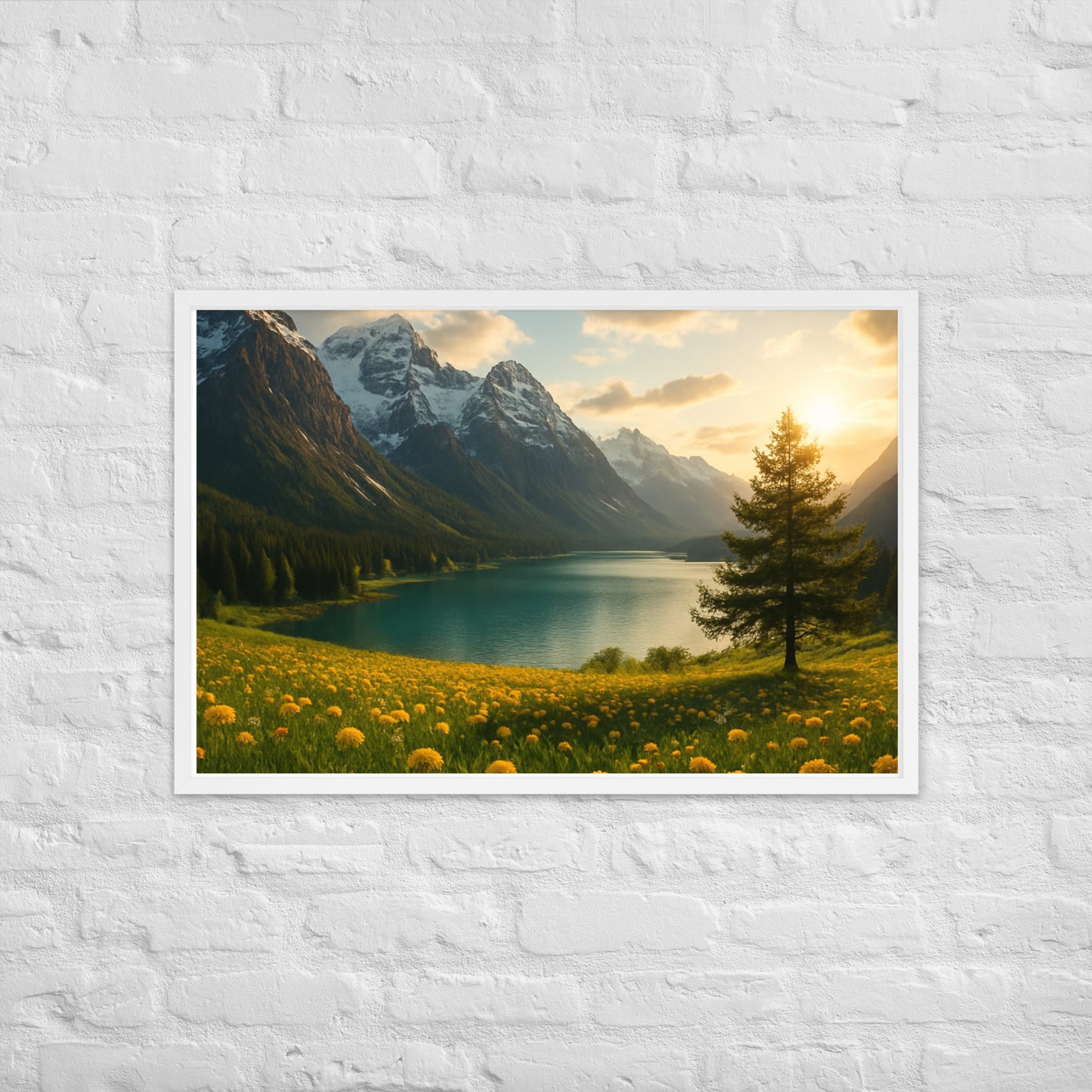Majestic mountain valley Christian wall art with wildflowers and lake