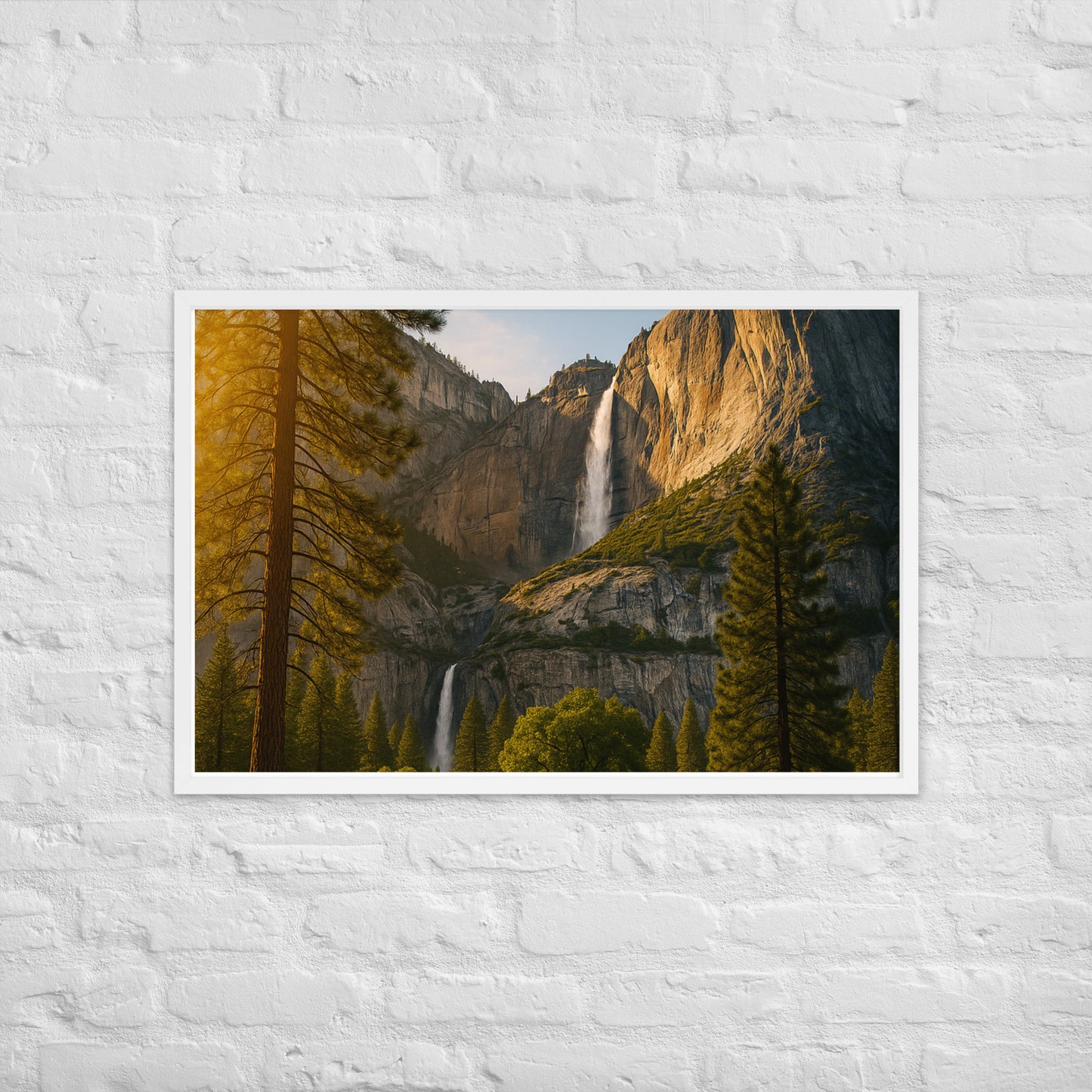 Waterfall landscape framed wall art with mountains and trees