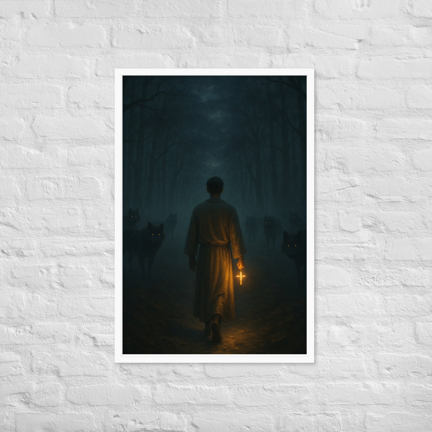 Man in a dark foggy forest holding a glowing cross while shadowy wolves watch from the trees, dramatic Christian wall art symbolizing Psalm 23 “fear no evil.”