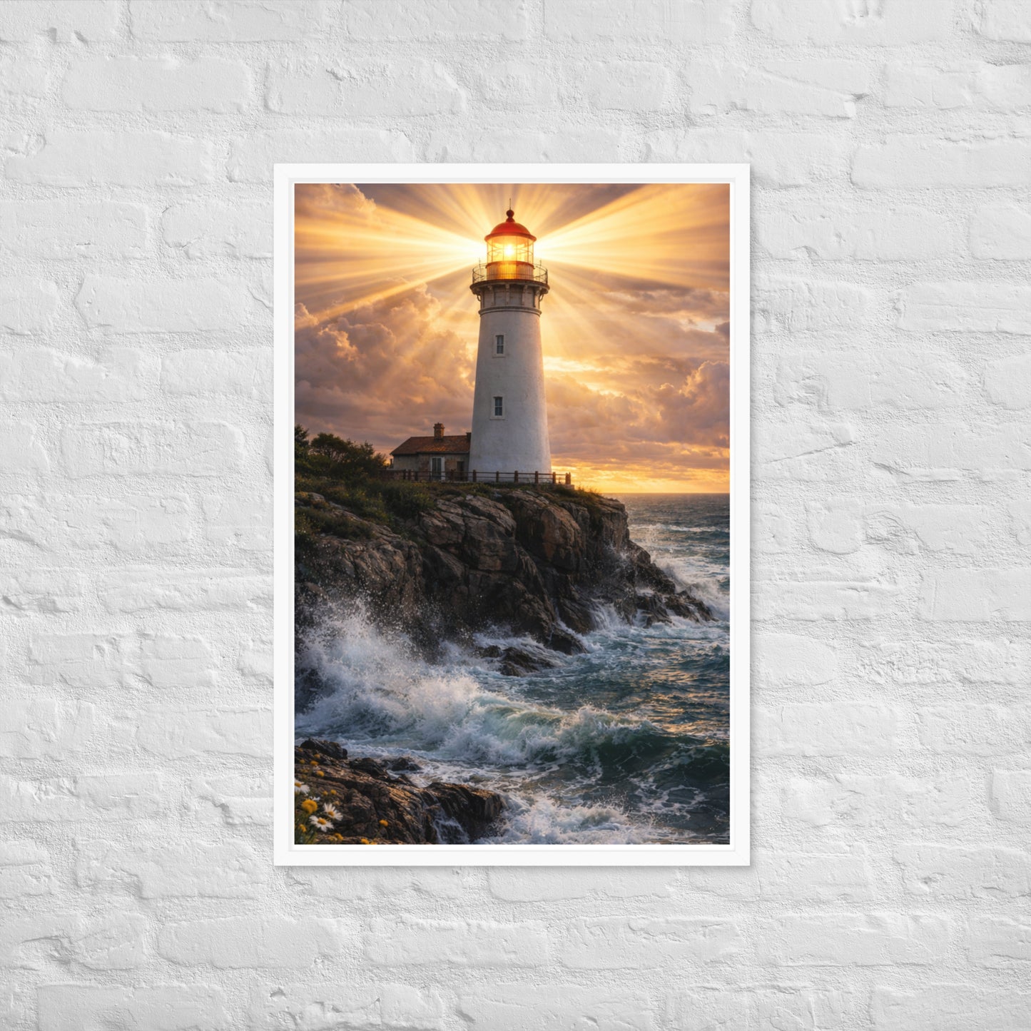 White lighthouse on rocky coastline shining golden beams through dramatic sunset clouds above crashing ocean waves, inspirational Christian coastal framed poster.