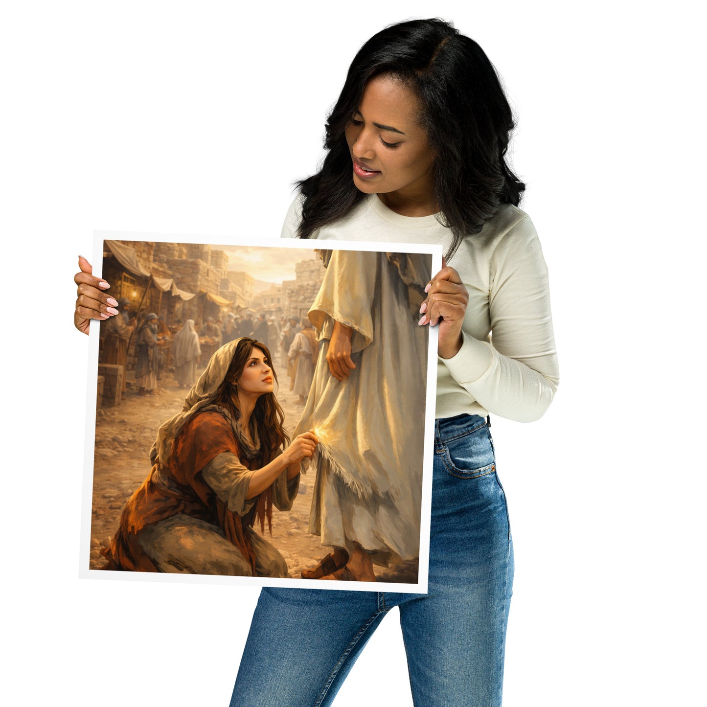 Christian poster art of the woman touching the hem of Jesus’ garment in an ancient marketplace, inspired by Mark 5 faith and healing