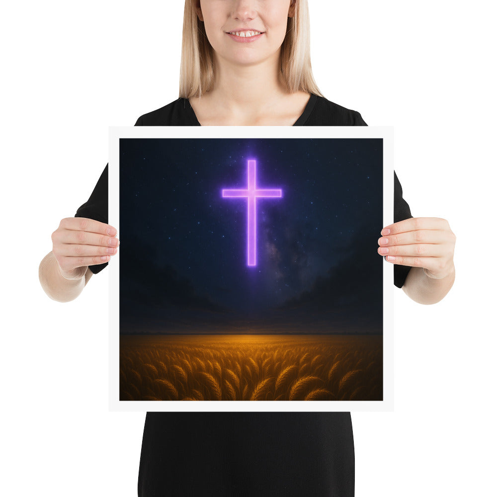 Christian Poster – Glowing Neon Cross Over Wheat Field Harvest Scene | Faith Wall Art by Your Divine Network