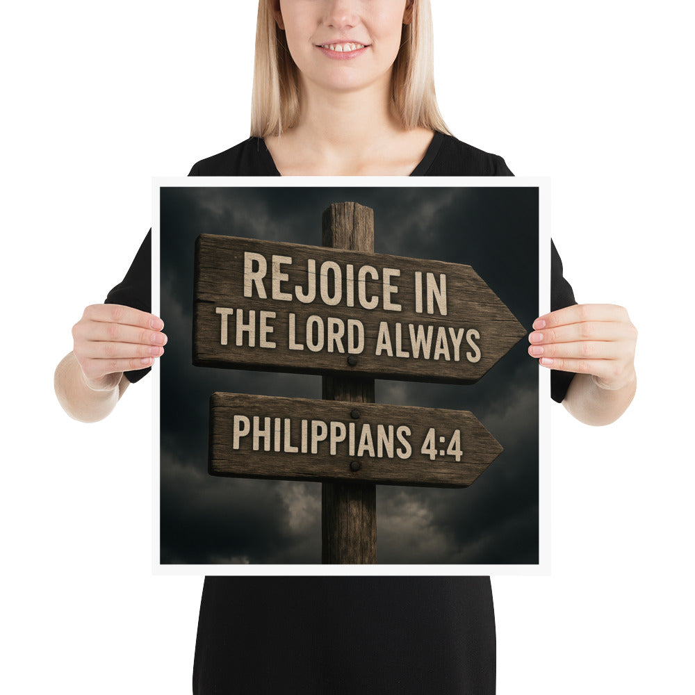 Christian wall art poster with Philippians 4:4 “Rejoice in the Lord always” – Scripture print inspiring joy and faith in God.
