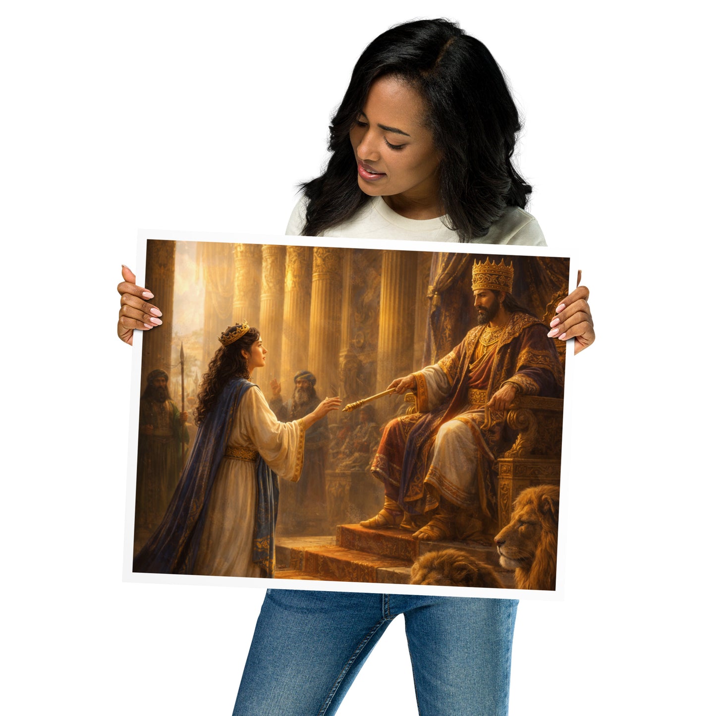 Christian wall art of Queen Esther standing before the king in a golden throne room with lions at his feet, symbolizing courage, favor, and “for such a time as this.”