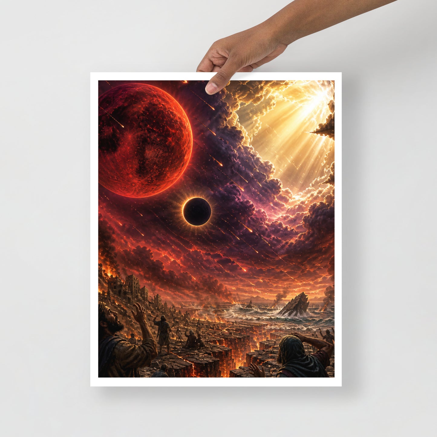 Revelation inspired Christian poster showing a blood moon, darkened sky, fiery heavens, and apocalyptic biblical end-times imagery.