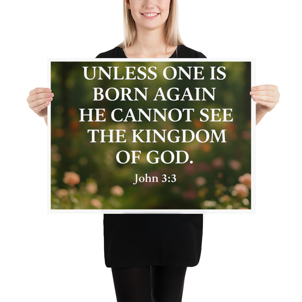 Christian wall art poster with garden flowers and John 3:3 Scripture — faith-based inspirational décor for home or church.