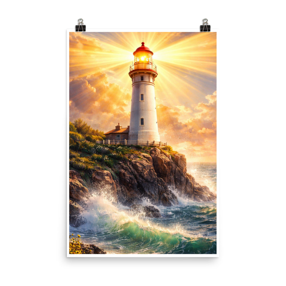 Lighthouse shining bright over ocean waves and rocky cliffs, symbolizing Jesus as the Light of the World