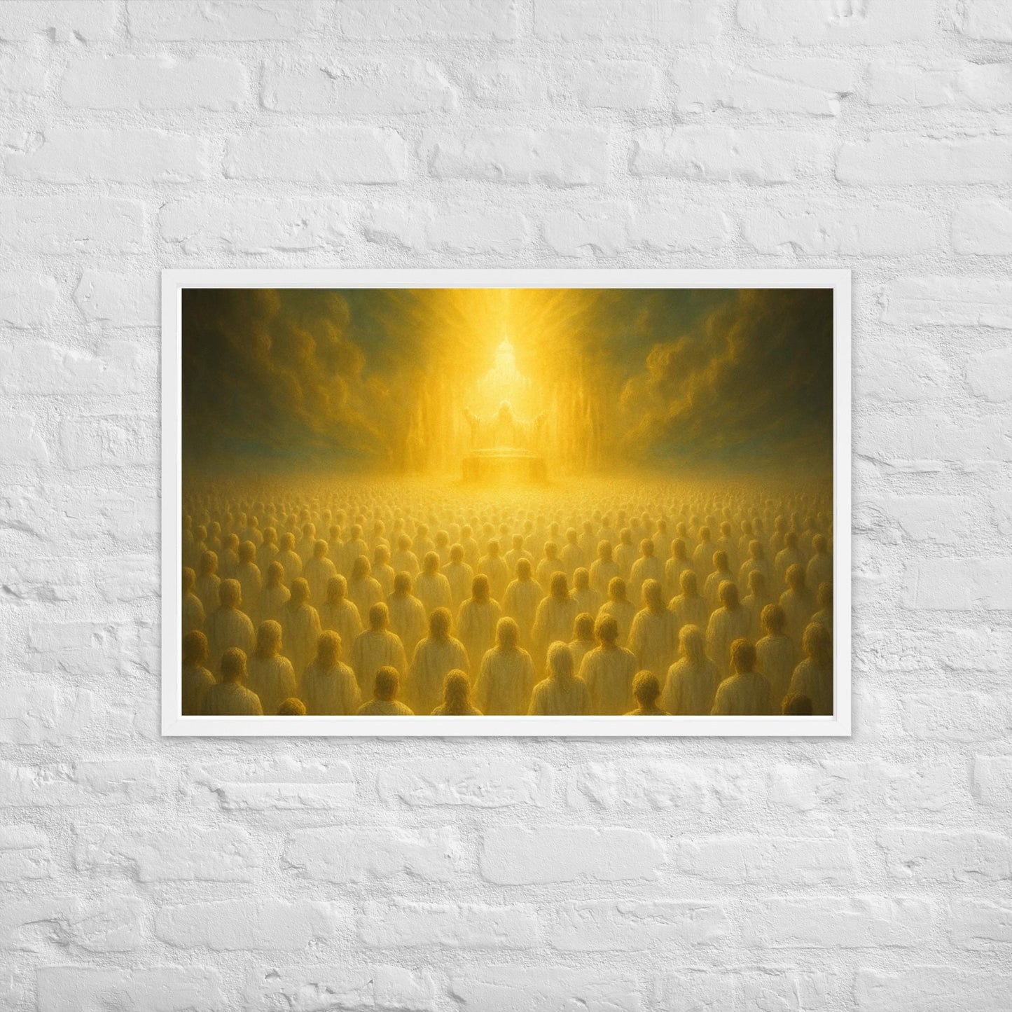 Framed Christian wall art inspired by heavenly worship from Revelation 4. Prophetic throne room artwork symbolizing eternal praise and divine presence.