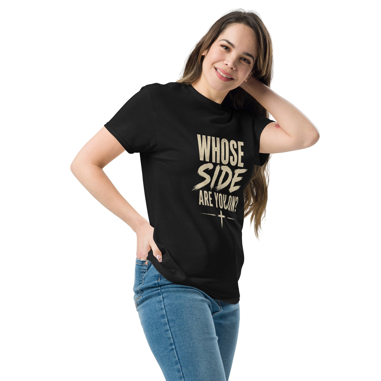 “Christian black t shirt whose side are you on front and back Matthew 6:24 faith apparel”
