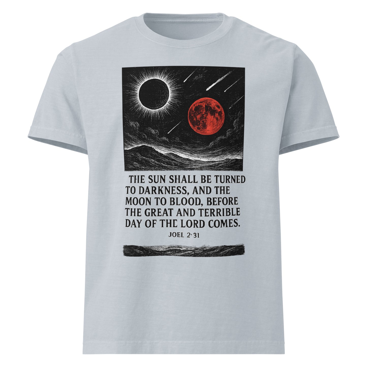 Light gray t-shirt with celestial design and text on a white background