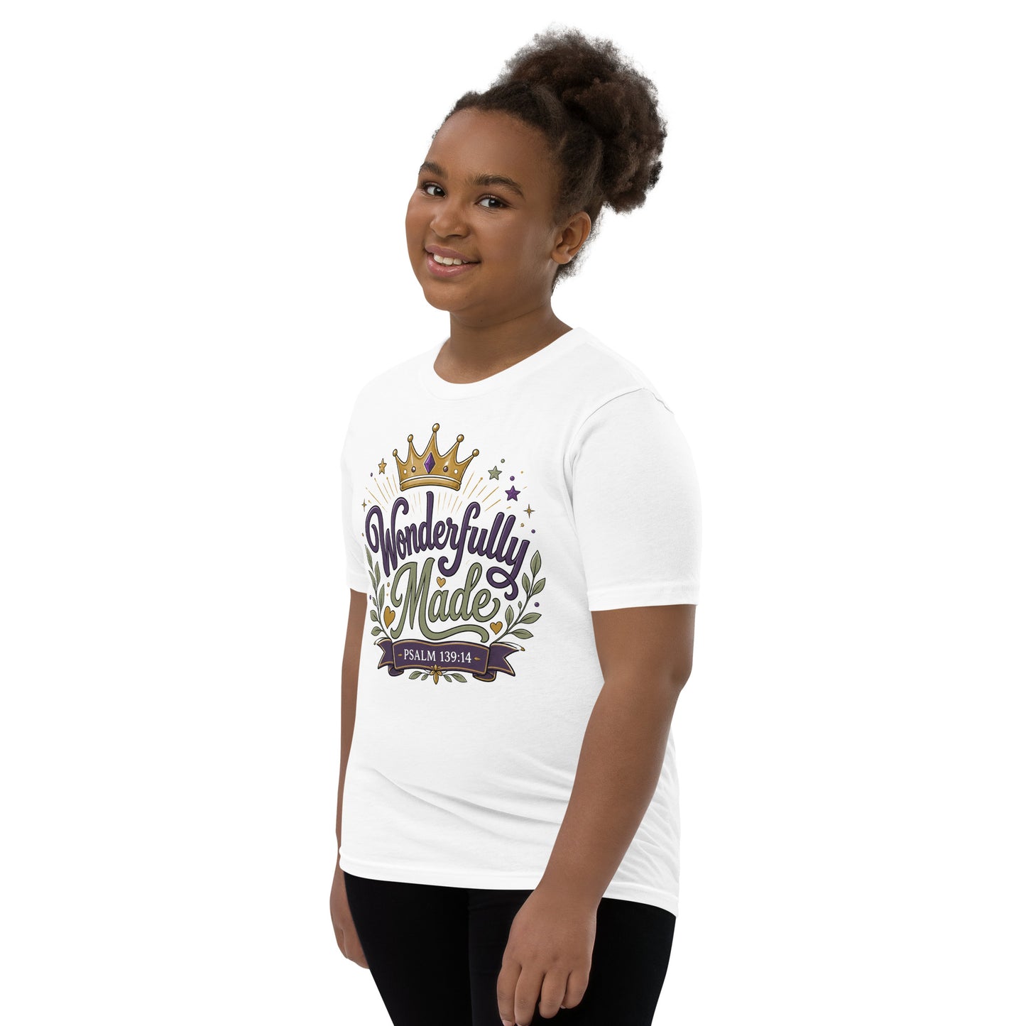 Christian youth t-shirt featuring a colorful Wonderfully Made design with a crown inspired by Psalm 139:14.