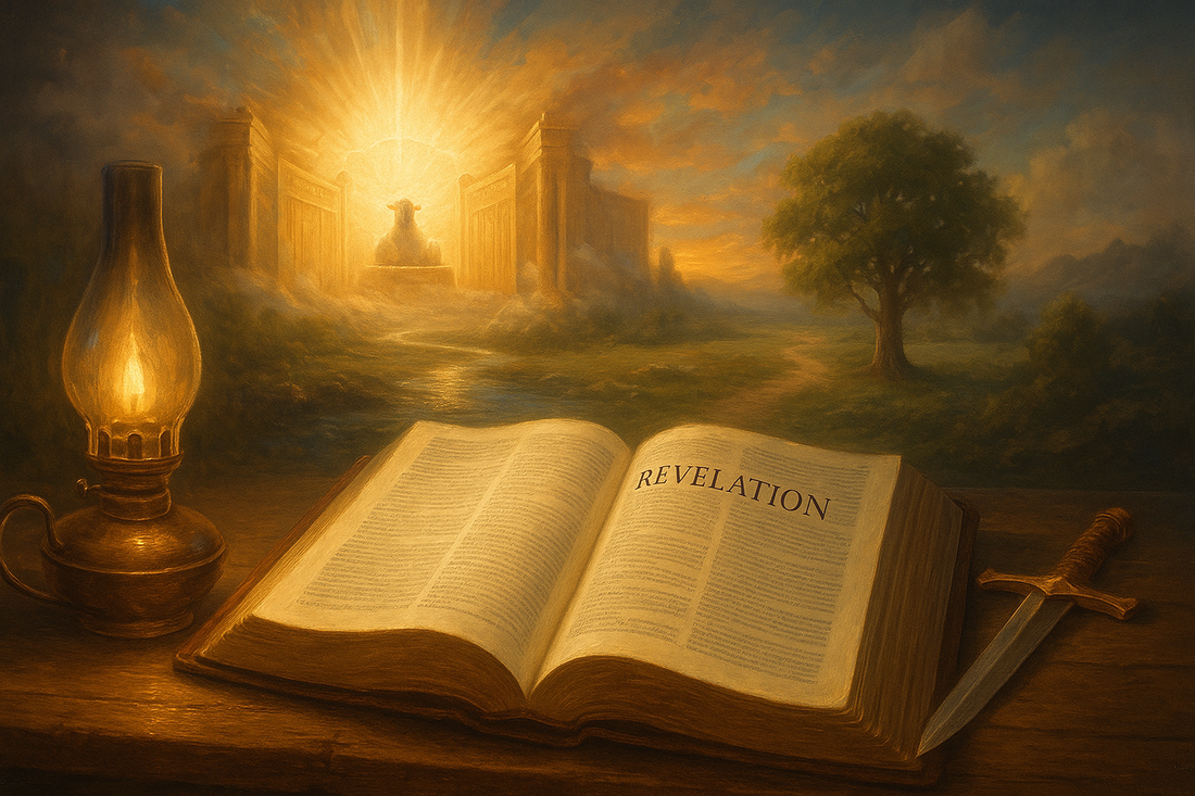 “Open Bible on a wooden table with light shining across the pages, symbolizing the study of Revelation and God’s divine truth.”