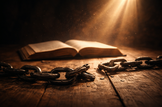 Broken iron chains beside an open Bible with warm light shining down, symbolizing freedom through biblical forgiveness.