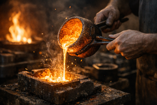 “Molten gold being poured from a crucible in a forge, symbolizing God’s refining fire and purification.”