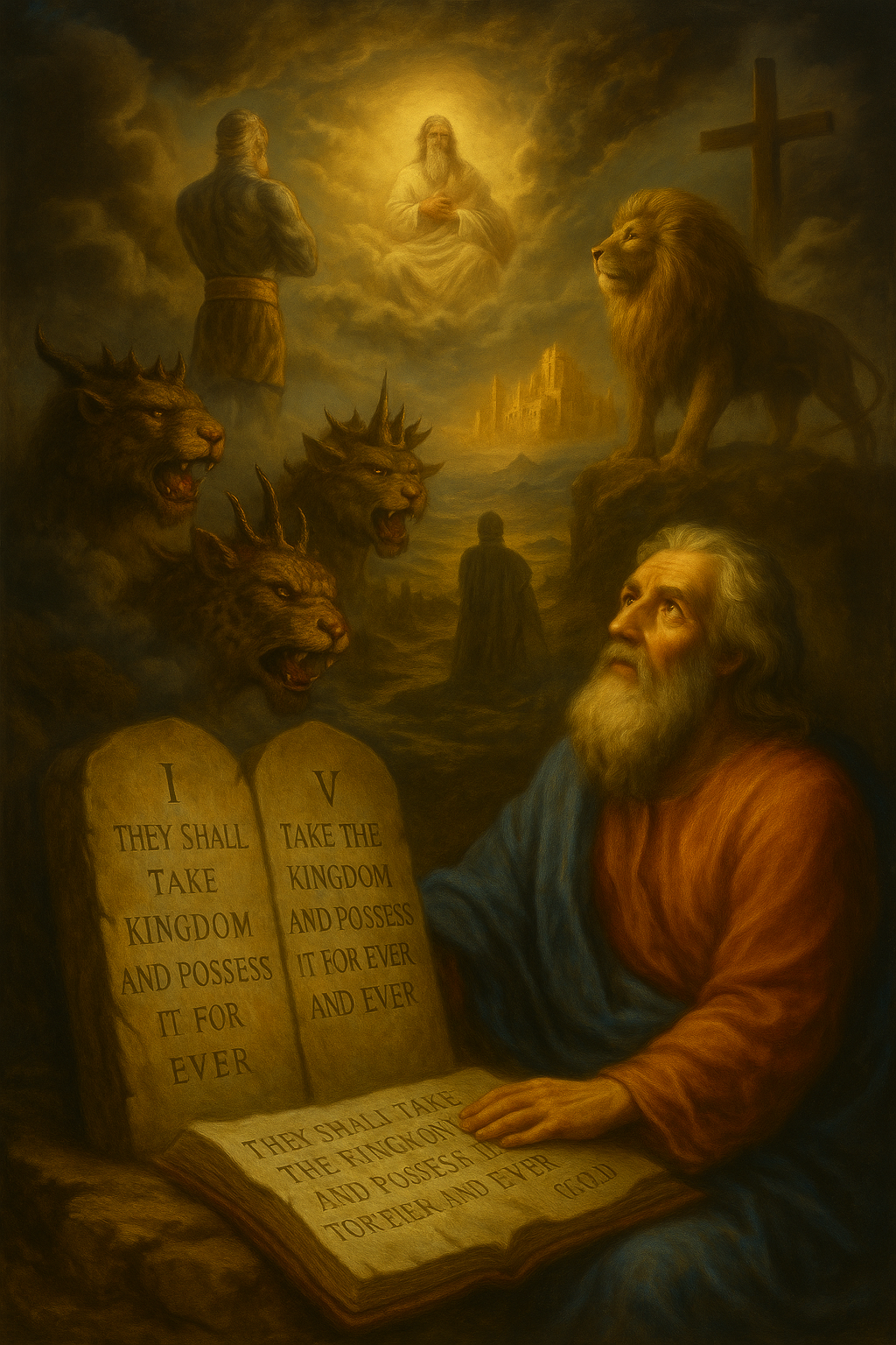 “Prophet Daniel illuminated by heavenly light as he studies the sacred tablets, receiving divine revelation about end-time kingdoms and God’s eternal rule — symbolizing the prophetic link between Daniel and the book of Revelation.”