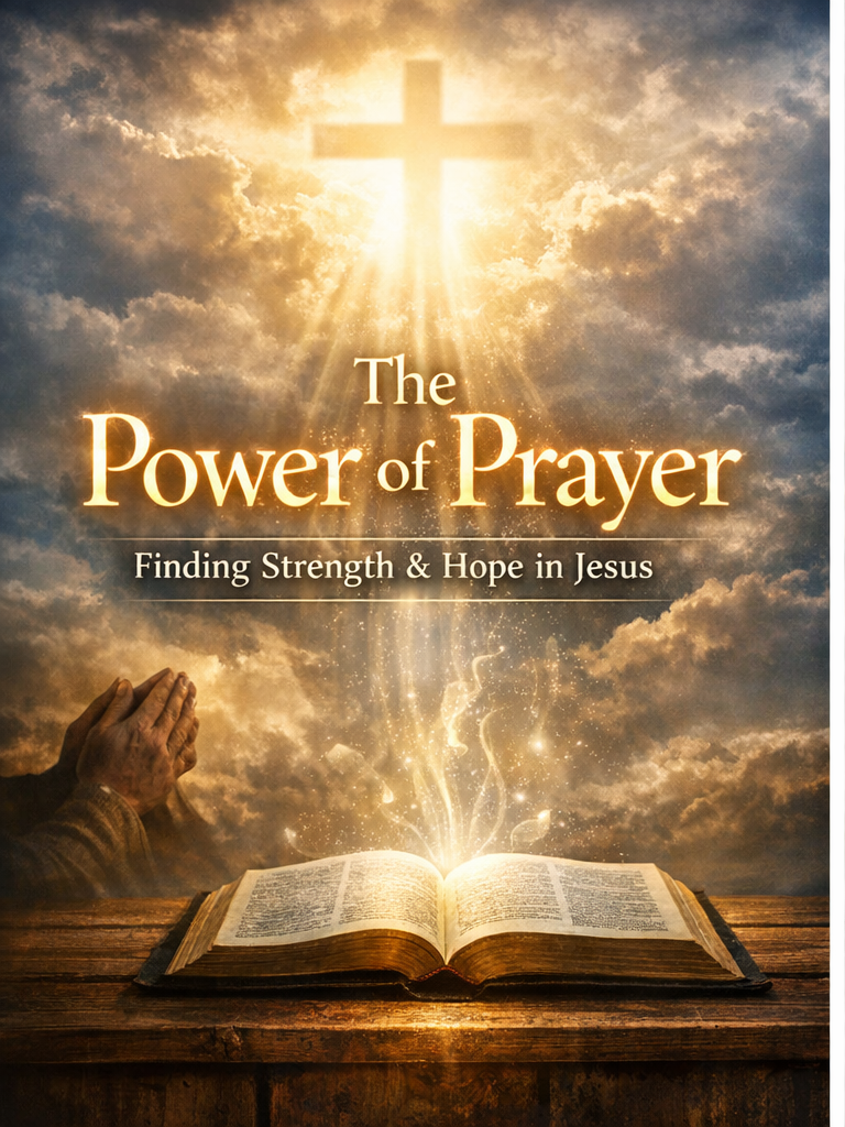 Open Bible glowing with light and hands in prayer, representing the power of prayer and hope in Jesus Christ