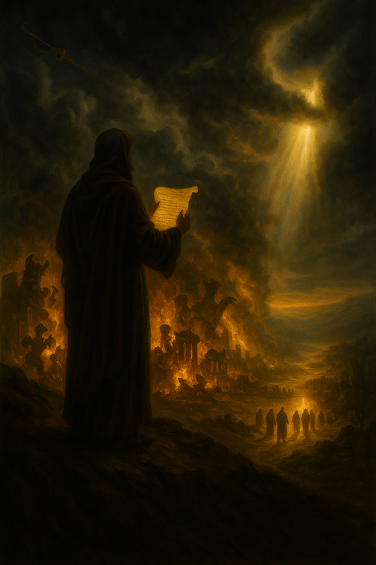 A prophet stands holding a glowing scroll as divine light breaks through storm clouds over a burning city, symbolizing Jeremiah receiving God’s prophetic message and calling the modern Church to repentance and restoration.