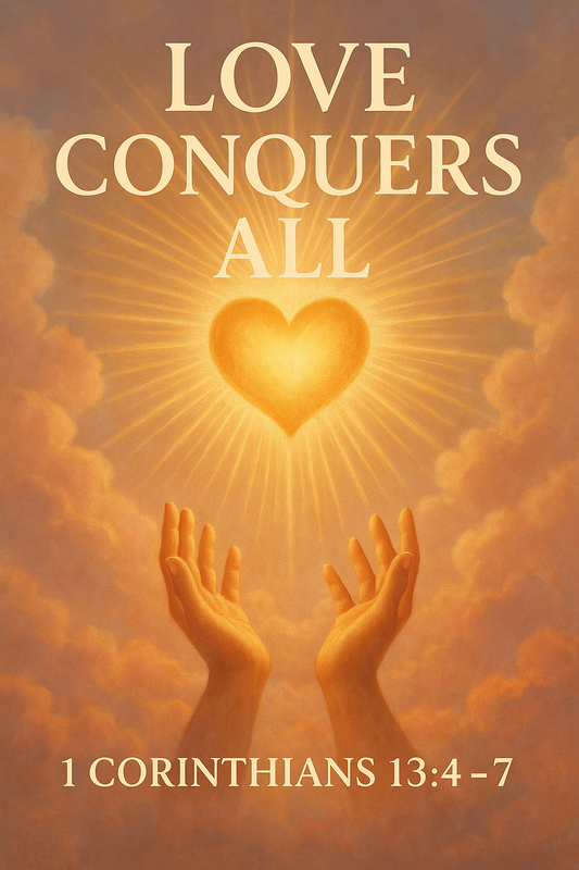Golden glowing heart surrounded by radiant light breaking through clouds — symbolizing the power of God’s love that conquers all.