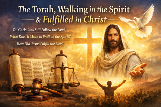 Christian blog header image showing Jesus in front of a glowing cross beside an open Torah scroll, scales of justice, and a dove, representing God’s law, walking in the Spirit, and Christ fulfilling the law.