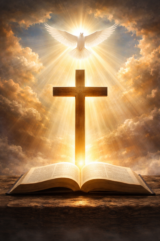 “Golden light shining on a wooden cross rising from an open Bible, with a white dove above in bright rays among dramatic clouds—symbolic of the Father, Son, and Holy Spirit.”