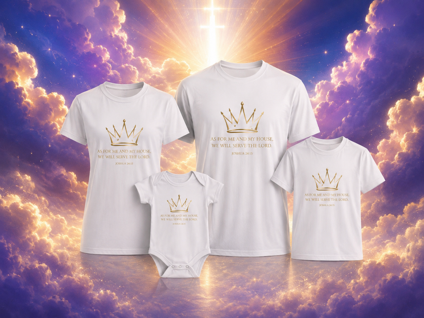 Family Faith Collection matching Christian apparel — baby onesie, toddler tee, and adult t-shirt with scripture-based gold crown designs for the whole family