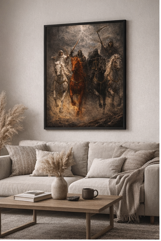 Four horsemen of the apocalypse riding forward through storm clouds and fire, including riders with bow, sword, scales, and death, Revelation 6 inspired prophetic Christian poster.