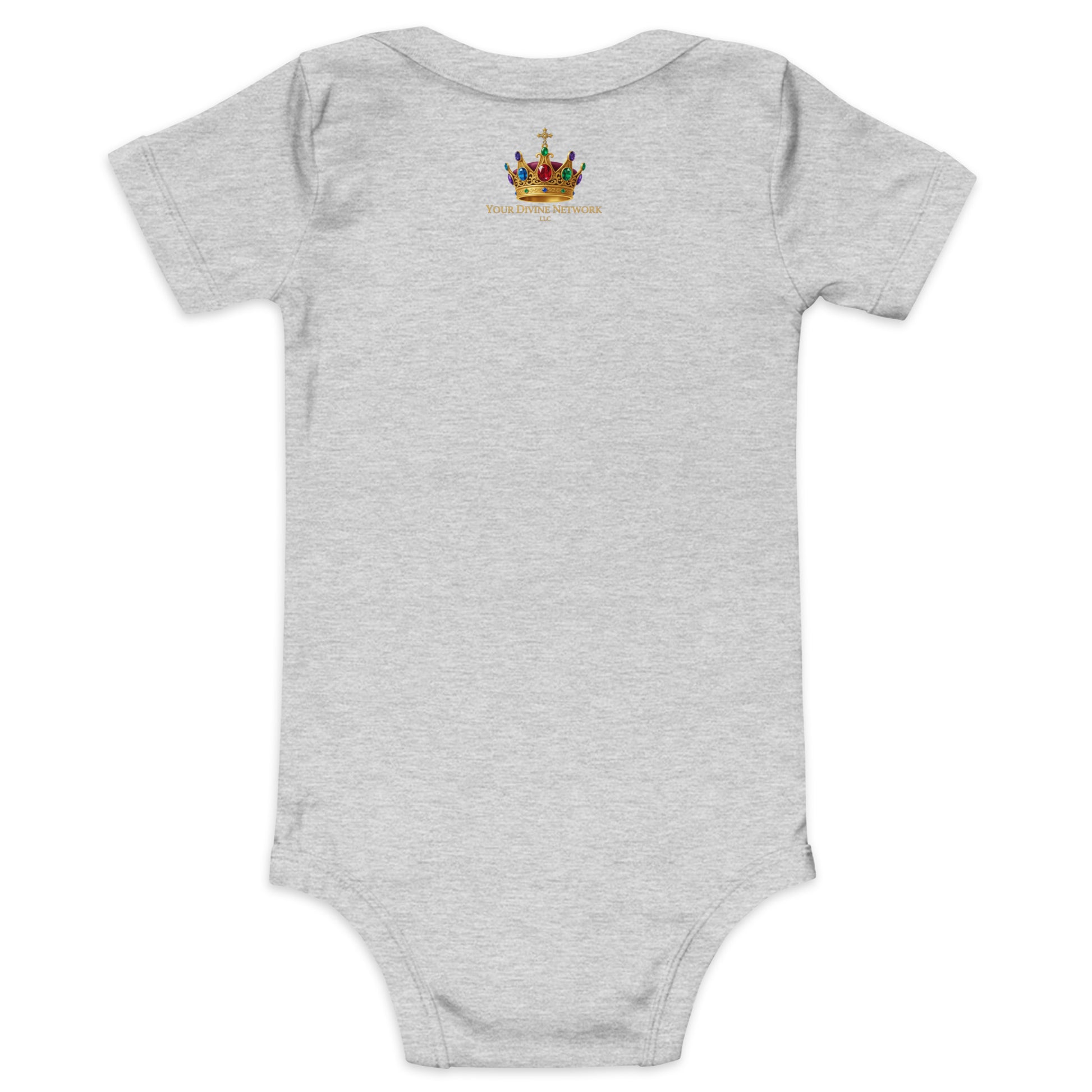 Wonderfully Made Psalm 139:14 Christian baby onesie in heather grey with gold crown and baby footprint design — faith based newborn gift
