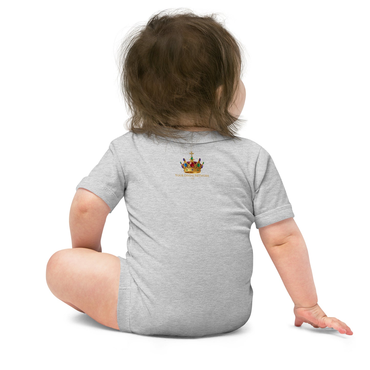 Wonderfully Made Psalm 139:14 Christian baby onesie in heather grey with gold crown and baby footprint design — faith based newborn gift