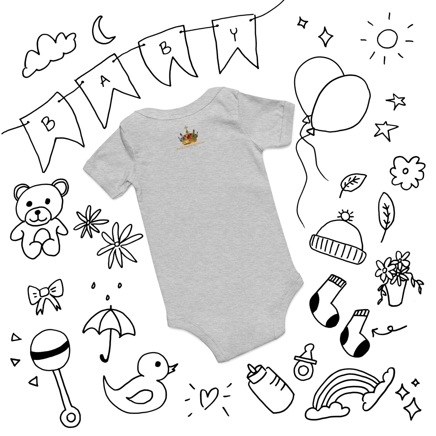Wonderfully Made Psalm 139:14 Christian baby onesie in heather grey with gold crown and baby footprint design — faith based newborn gift
