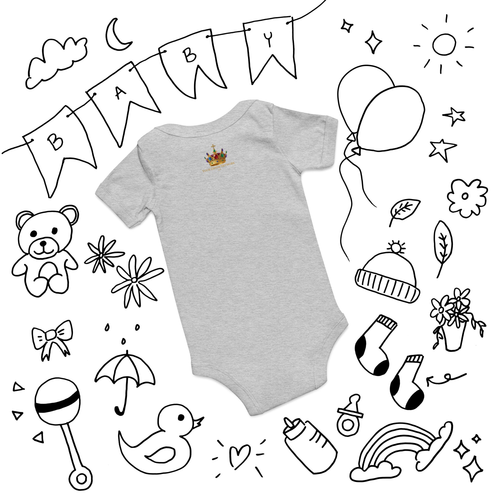 Wonderfully Made Psalm 139:14 Christian baby onesie in heather grey with gold crown and baby footprint design — faith based newborn gift