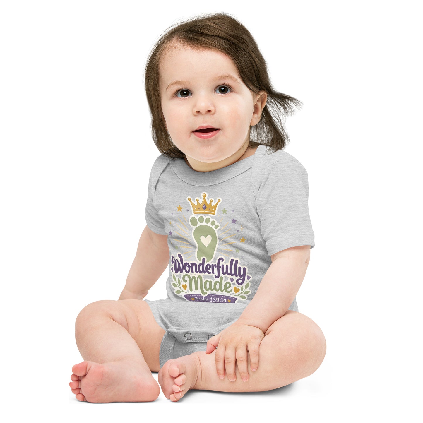 Wonderfully Made Psalm 139:14 Christian baby onesie in heather grey with gold crown and baby footprint design — faith based newborn gift