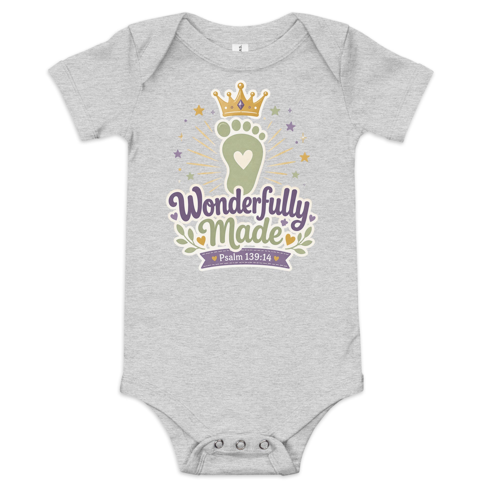 Wonderfully Made Psalm 139:14 Christian baby onesie in heather grey with gold crown and baby footprint design — faith based newborn gift