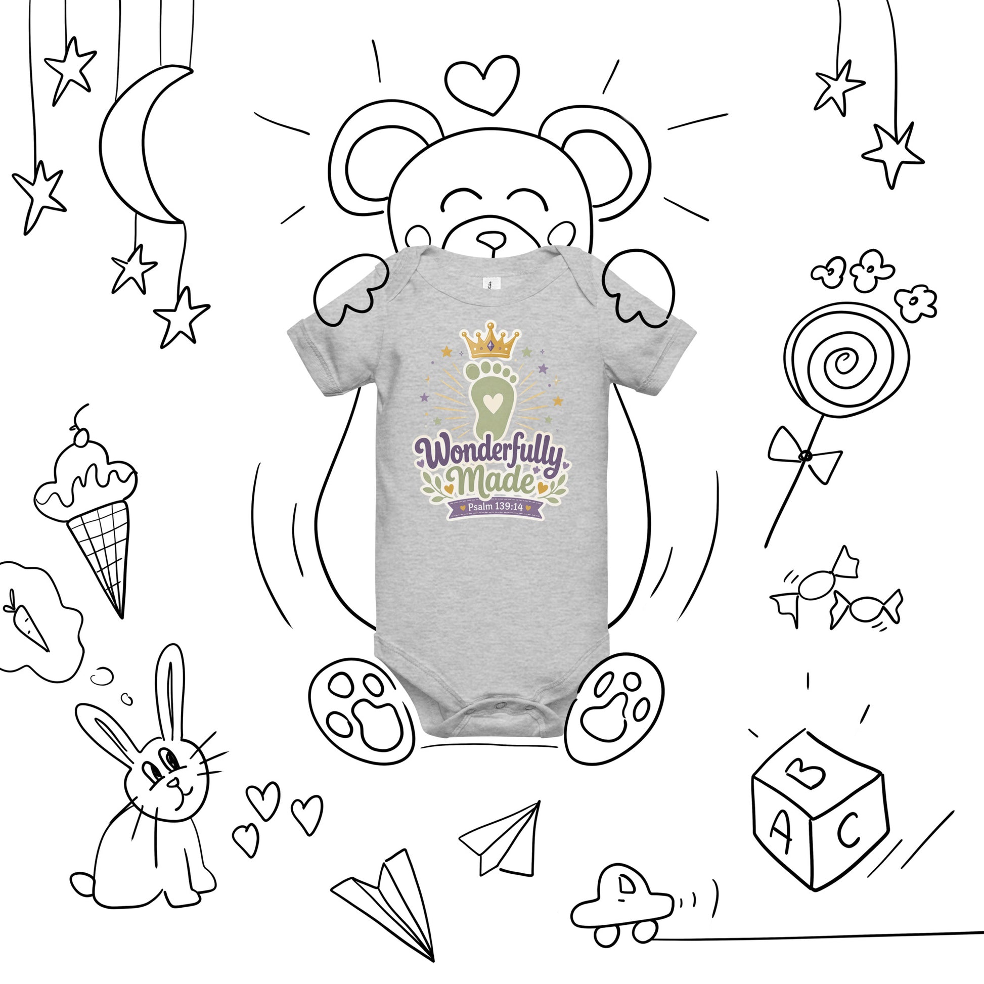 Wonderfully Made Psalm 139:14 Christian baby onesie in heather grey with gold crown and baby footprint design — faith based newborn gift