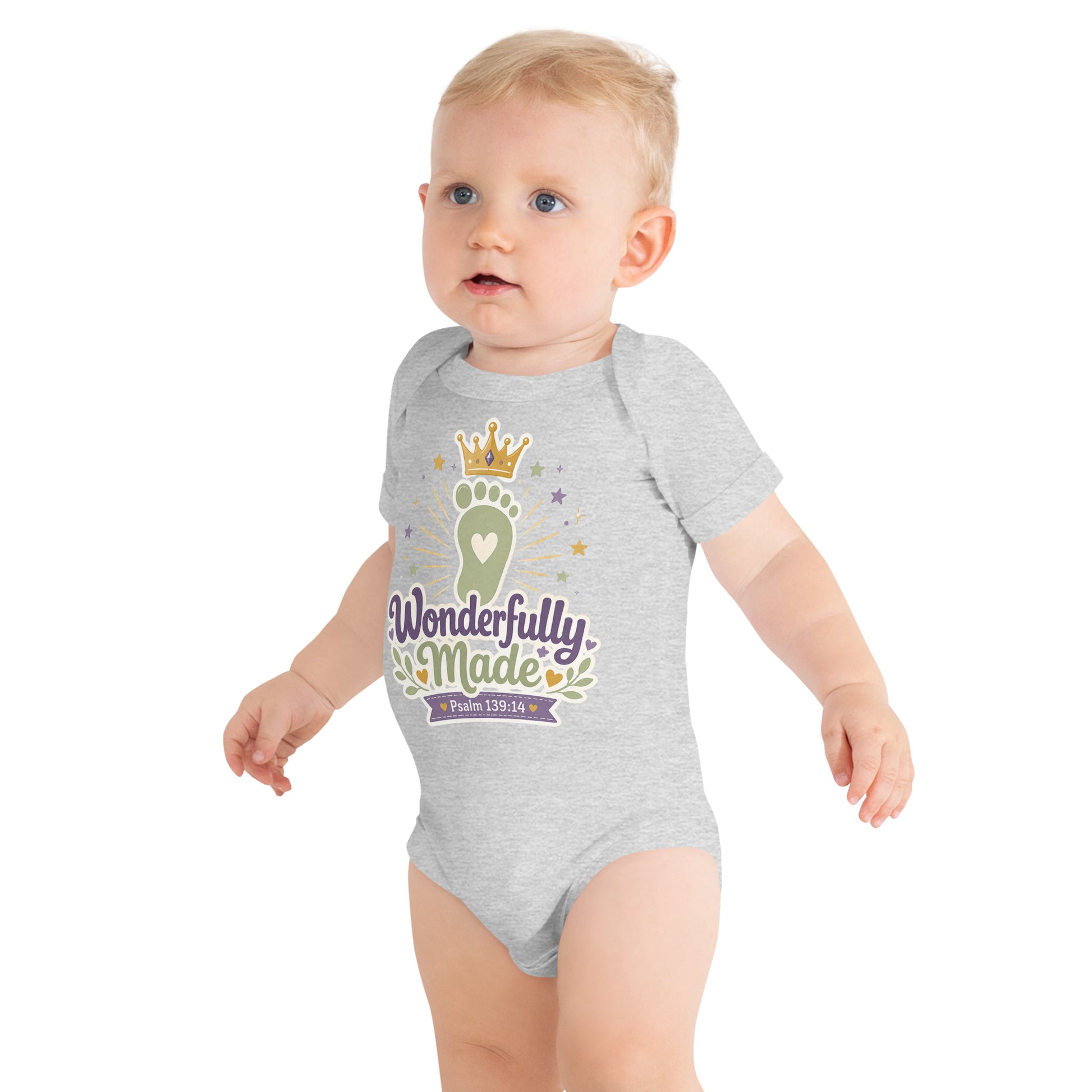 Wonderfully Made Psalm 139:14 Christian baby onesie in heather grey with gold crown and baby footprint design — faith based newborn gift