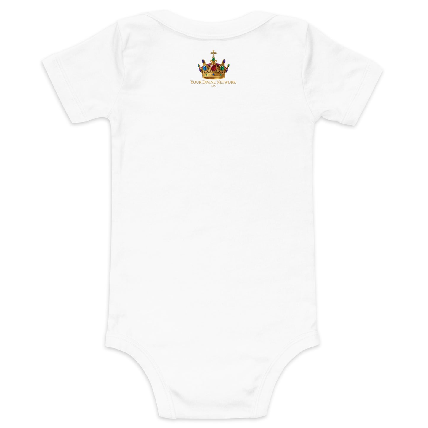 Wonderfully Made Psalm 139:14 Christian baby onesie in heather grey with gold crown and baby footprint design — faith based newborn gift