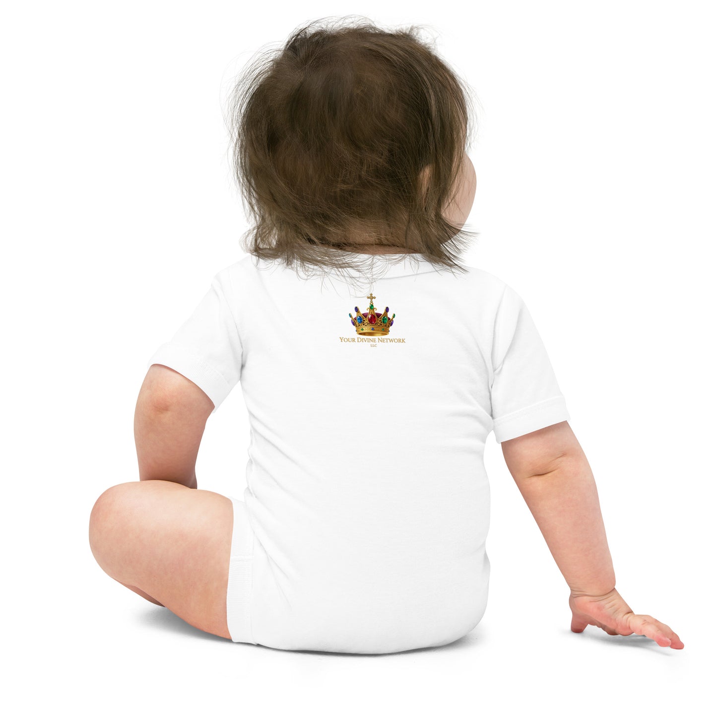 Wonderfully Made Psalm 139:14 Christian baby onesie in heather grey with gold crown and baby footprint design — faith based newborn gift