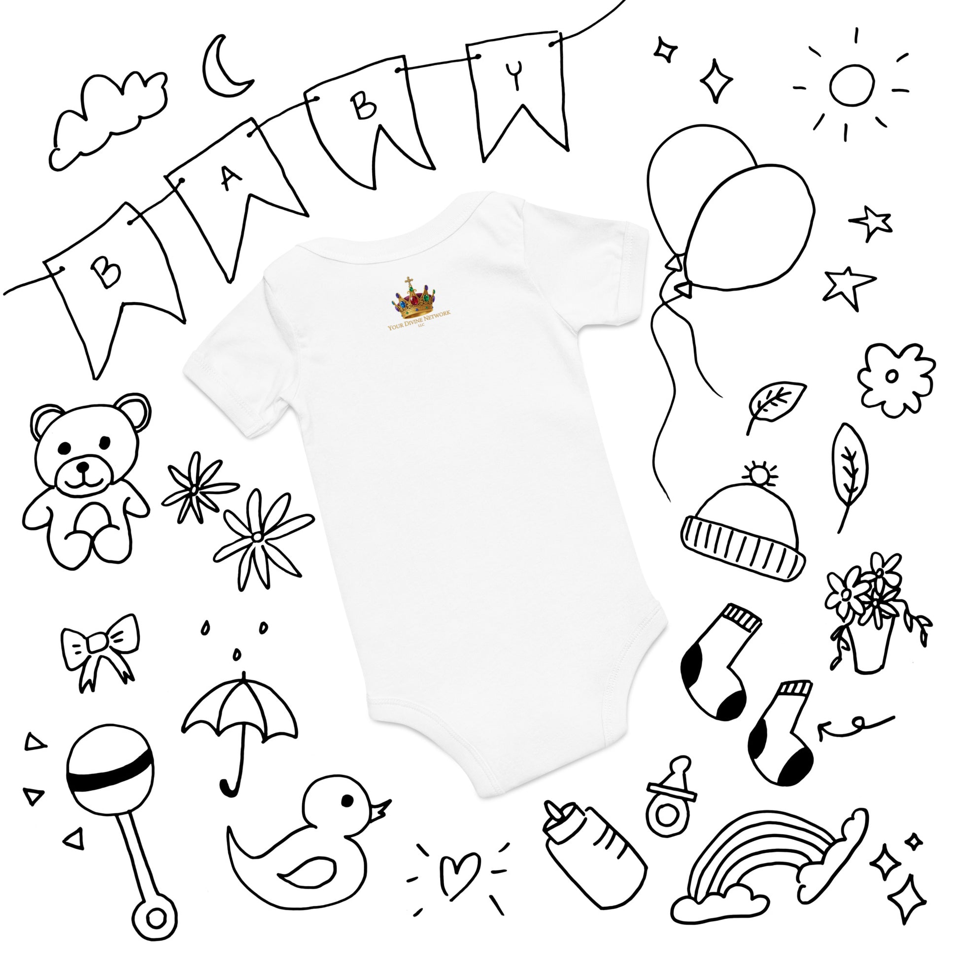 Wonderfully Made Psalm 139:14 Christian baby onesie in heather grey with gold crown and baby footprint design — faith based newborn gift