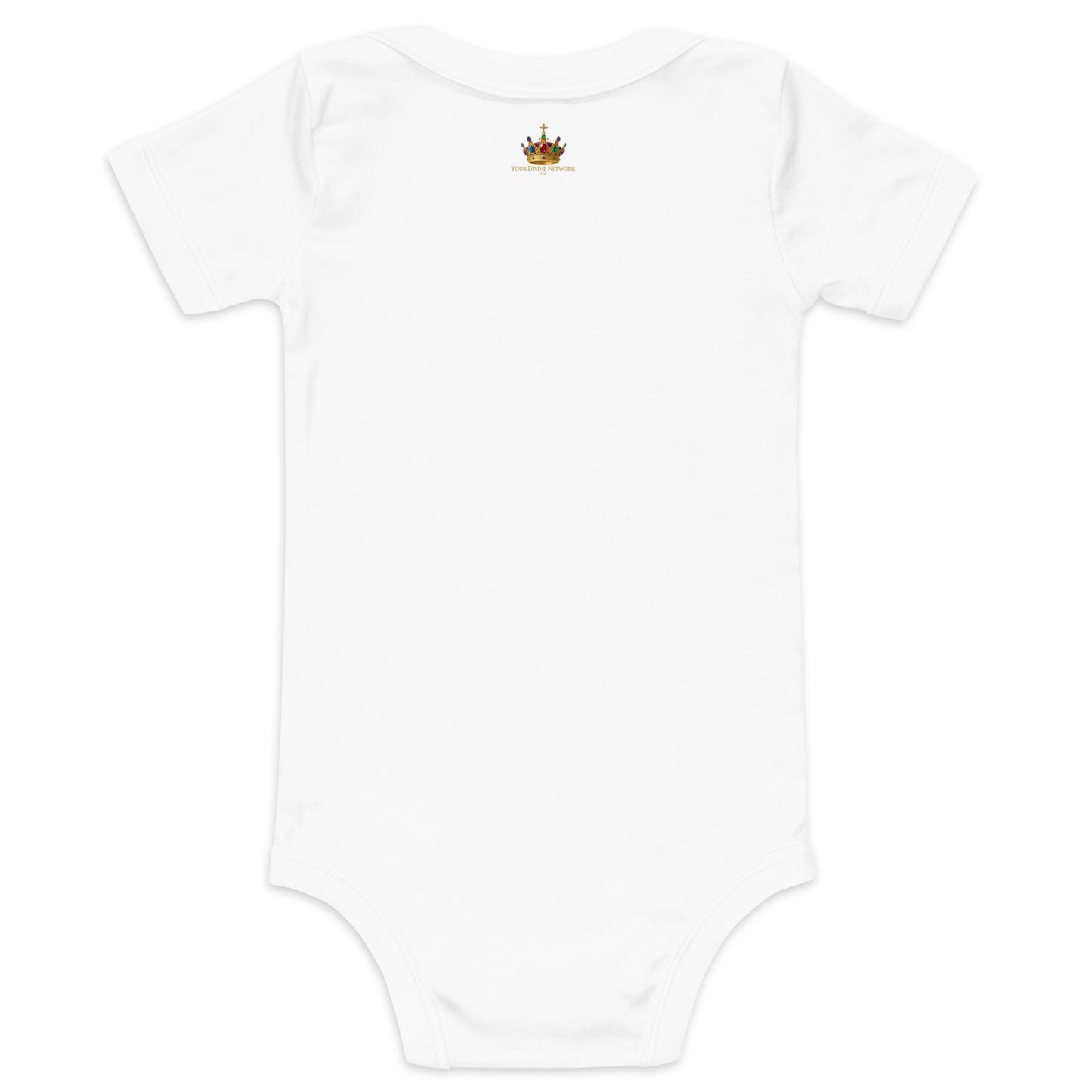 Christian baby onesie design reading Heaven Sent with Psalm 127:3, featuring a crown, clouds, stars, and soft green, lavender, cream, and gold colors.