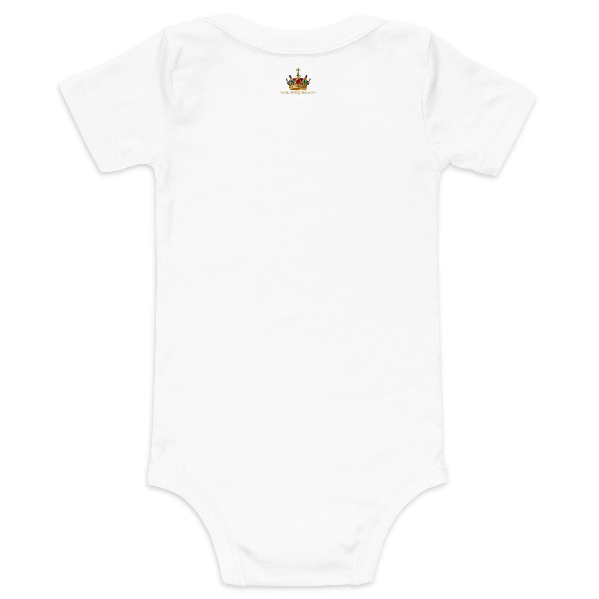 Christian baby onesie design reading Heaven Sent with Psalm 127:3, featuring a crown, clouds, stars, and soft green, lavender, cream, and gold colors.