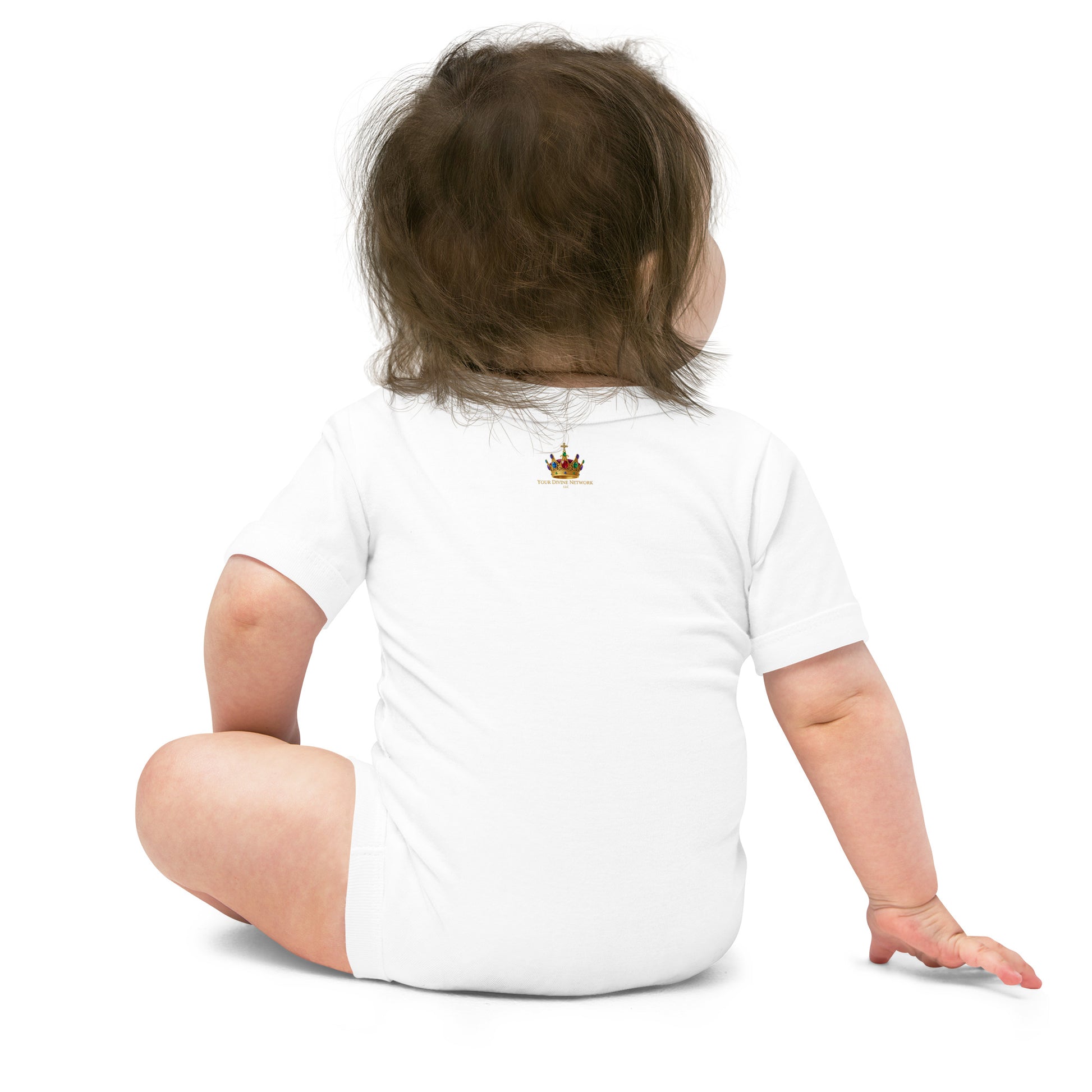 Christian baby onesie design reading Heaven Sent with Psalm 127:3, featuring a crown, clouds, stars, and soft green, lavender, cream, and gold colors.