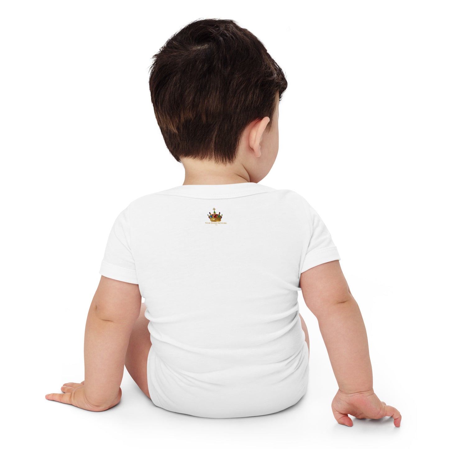 Christian baby onesie design reading Heaven Sent with Psalm 127:3, featuring a crown, clouds, stars, and soft green, lavender, cream, and gold colors.