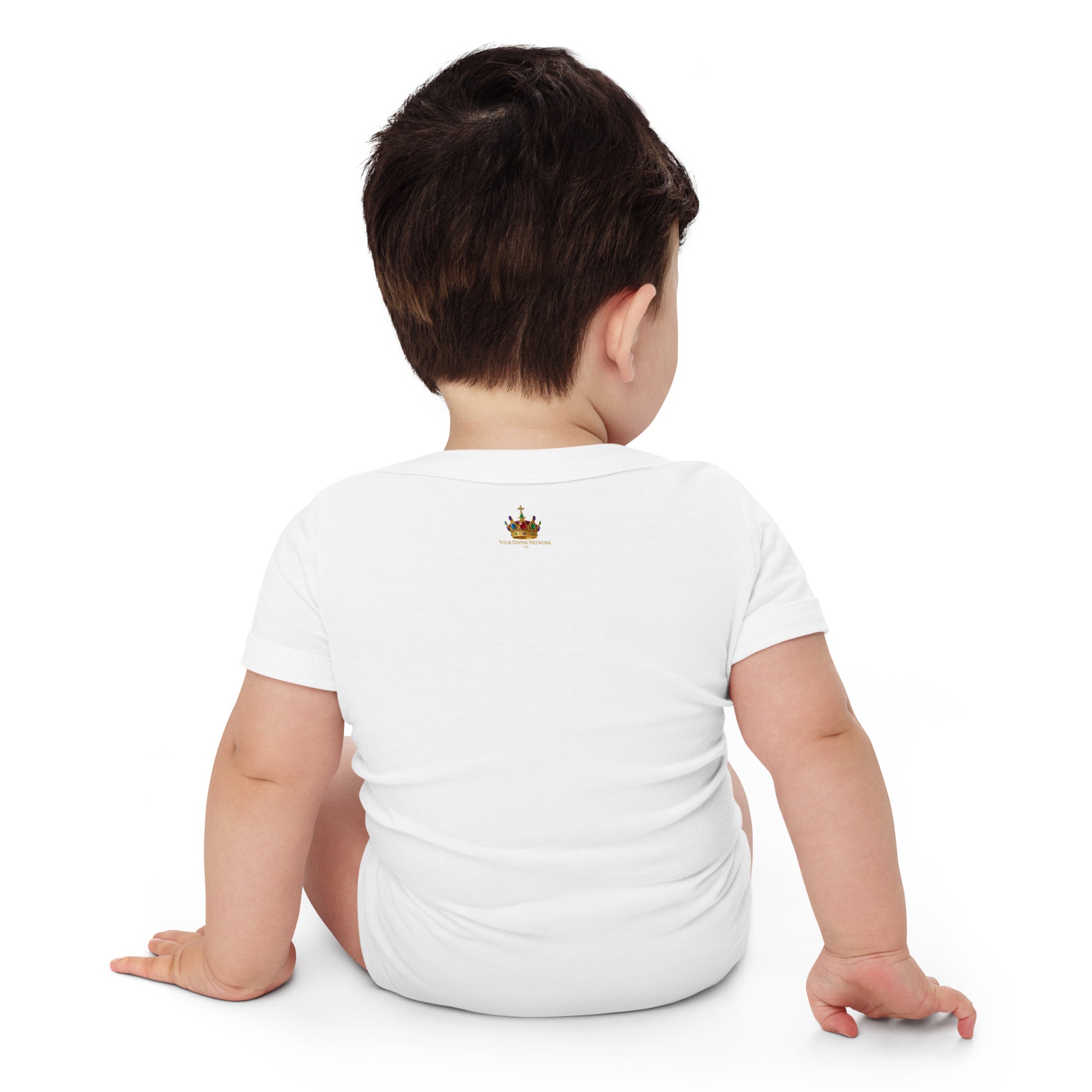 Christian baby onesie design reading Heaven Sent with Psalm 127:3, featuring a crown, clouds, stars, and soft green, lavender, cream, and gold colors.